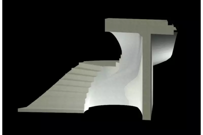 Um Wand und Treppenplatte bei der Betonage in einem Guss erstellen zu können, wurde zunächst ein CAD-Modell angefertigt. Auf dieser Basis wurden dann für die 3-achsig gekrümmten Oberflächen Schalhautteile gedruckt. Die Schalhaut in den einachsig gekrümmten, runden Oberflächen wurde in CAD abgewickelt und wie auch die Formteile des Schalkastens ebenfalls CNC gefräst.