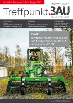 TreffpunktBau Ausgabe 2026/08-09: Vorschau GaLaBau, NordBau, steinexpo, IAA Transportation. Jetzt lesen.