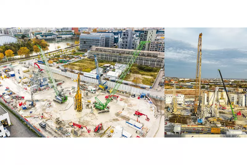 In Gennevilliers bearbeiten die Teams von NGE Fondations zwei Spezialtiefbaustellen gleichzeitig. Quelle: Pulsmedia für NGE-Webuild-Equans (links); Sennebogen (rechts)
