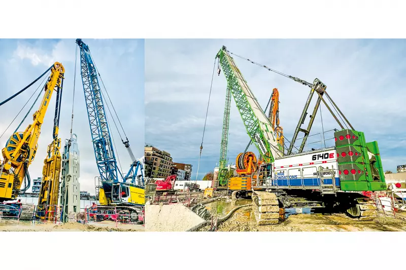 Sennebogen-Seilbagger beim Bau des Eingangsschachtes für die Tunnelbohrmaschine: Der 6130HD mit Schlitzwandgreifer im Tandem mit einer Hydrofräse und der 6140HD beim Schwerlasthub. Quelle: Sennebogen