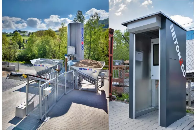Lukrative Bereicherung für den Baustoffhandel. Über 200 Beton2Go Tankstellen stehen mittlerweile in Deutschland. Jetzt soll auch der europäische Markt erobert werden. Neu ist das Selbstbedienungsterminal (rechts). Der sogenannte Baustoff-Kiosk markiert die nächste Stufe der Automatisierung.