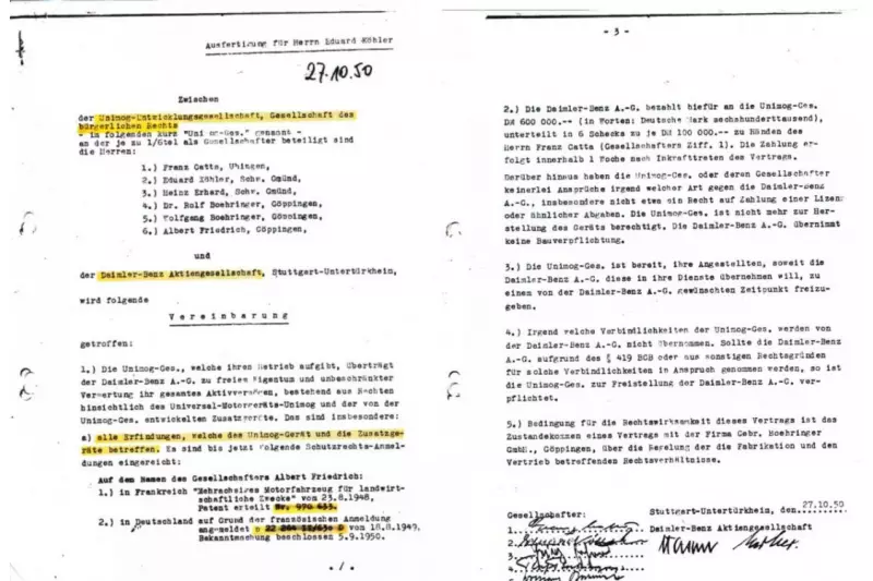 Die Seiten 1 und 3 vom Vertrag (27.10.1950) zwischen Daimler-Benz Aktiengesellschaft und der Firma Boehringer, Abteilung „Unimog-Entwicklungsgesellschaft“ über den Verkauf der Unimog Produktion an Daimler-Benz für 600.000 DM.