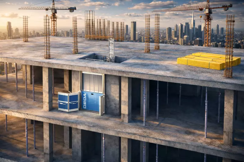 Dieses KI-generierte Werbebild des „GEDA SHAFT LIFT“ zeigt eine Anwendungsszene ohne dargestellte Sicherheitseinrichtungen (Absturzsicherungen); für den realen Betrieb sind die vorgeschriebenen Schutz- und Sicherheitseinrichtungen selbstverständlich gemäß den geltenden Vorschriften vollständig zu verwenden und einzuhalten. Quelle: Geda