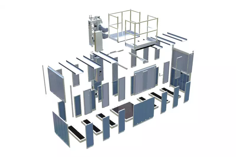 Zur Anpassung an nahezu alle Schachtkonstellationen ist ein variables Türsystem verfügbar. Es ermöglicht auch die Durchladung sowie den Einsatz verschiedener Schiebetorsysteme, die auf das bewährte GEDA Etagensicherungssystem abgestimmt sind. Alle Komponenten sind platzsparend zerlegbar und bieten maximale Flexibilität auf der Baustelle. Quelle: Geda