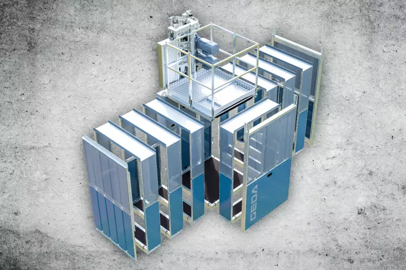Noch ein erfolgreiches Nischenprodukt. Der modular aufgebaute Geda Shaft Lift ist ein speziell für den Einsatz in unterschiedlich großen Aufzugsschächten entwickelter Personen- und Materialaufzug. Er transportiert bis zu 1.300 kg oder maximal 13 Personen.