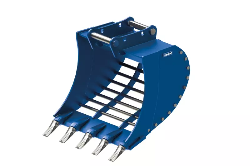 CSL-Sortierlöffel von Lehnhoff sind mit massiven Rechteck-Gitterstäben oder Rundstäben D40 aus 400 HB-Stahl ausgestattet, sowie mit Messern aus Lehborit 5000 (500 HB-Stahl) und seitlichen Verschleißsicheln (400 HB-Stahl).
