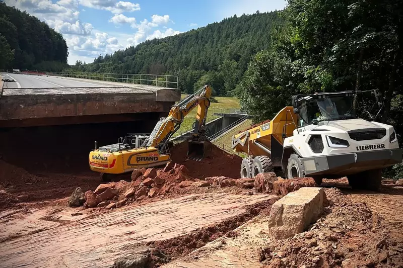 Insgesamt 13 Liebherr-Erdbewegungsmaschinen waren beim Abbruch der Zeller Brücke im täglichen Einsatz.