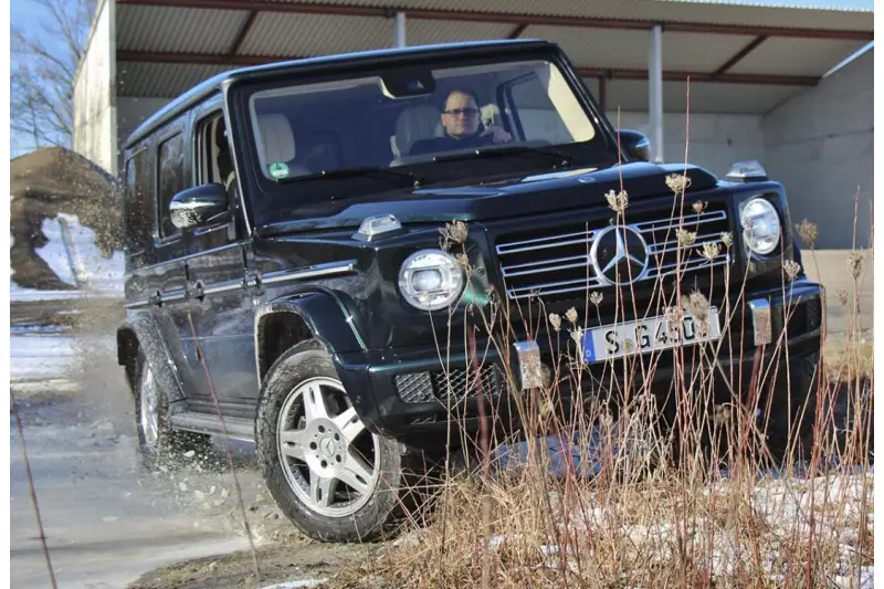 Die funktionale, robuste Front der G-Klasse hat ihren Charakter über Jahrzehnte behalten. Eine klare Linienführung und große, plane Flächen bestimmen die Seitenansicht. Charakteristisch sind die außen liegenden Türscharniere, die seitliche Außenschutzleiste und das exponierte Ersatzrad an der Hecktür.