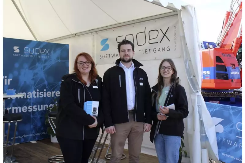 In Karlsruhe stellte das Sodex Innovations-Team den SDX-Compact vor. Mit dem automatisierten Vermessungssystem wird aus einer Baumaschine in wenigen Minuten ein Vermessungsgerät. Das System kann schnell und einfach auf verschiedenen Baumaschinen aufgebaut und bei Bedarf gewechselt werden. Quelle: Treffpunkt.Bau