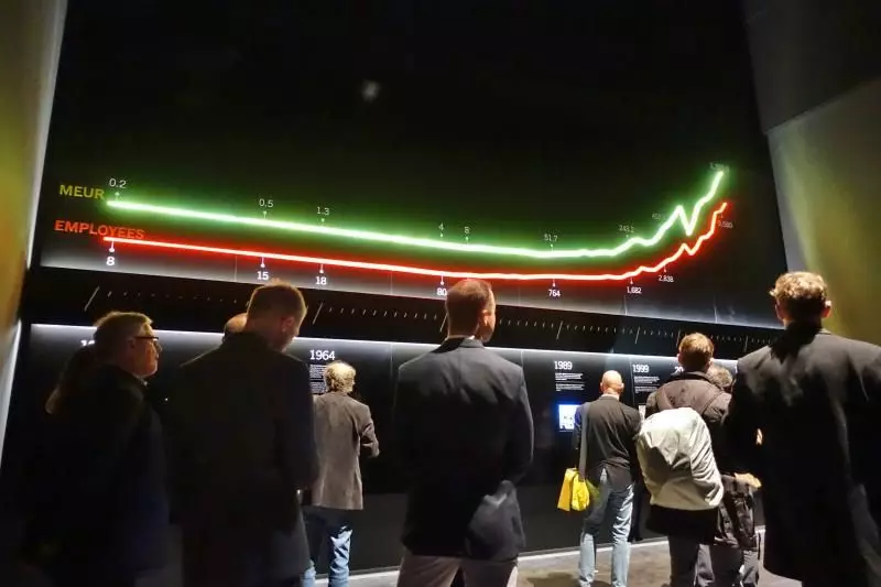 Die Historienwand: Die Palfinger World erzählt mit modernster Präsentations¬technik die Geschichte des 1932 gegründeten Familienunternehmens, zeigt die Meilensteine in der Entwicklung und die vielfältige Produktpalette