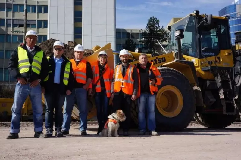 (V.l.n.r.) Joachim Log (Trimble), Steffen Wilde (Trimble), Michael Schulte (Treffpunkt Bau), Sylvie Leiss (Trimble), Stefan Däubler (DB Projekt Stuttgart-Ulm GmbH) und Thomas Scheer (Bickhardt Bau).