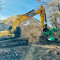 Der SANY 215C bei der Arbeit mit der Fällschere von Westtech. Ganze Bäume bis 60cm Durchmesser schneidet er mühelos in einem Stück.
